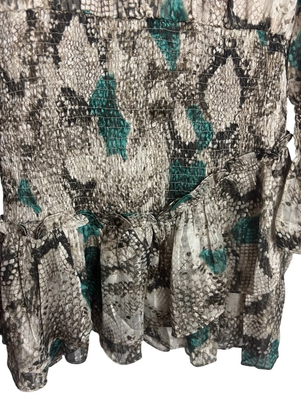 BUDDY LOVE Teal / Gray Ruffle ZoZo Snake-Print Long Sleeve Mini Dress MED NWT
